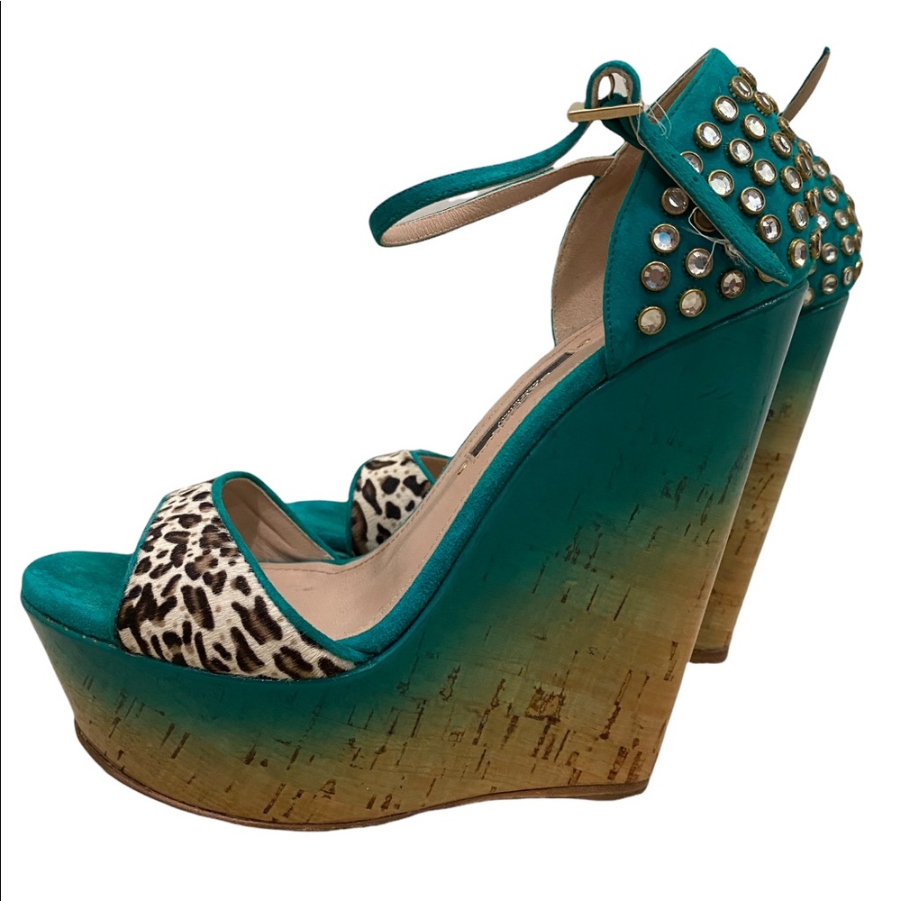 Baldan turquoise ombré lacquer cork wedge heel with crystal detailing